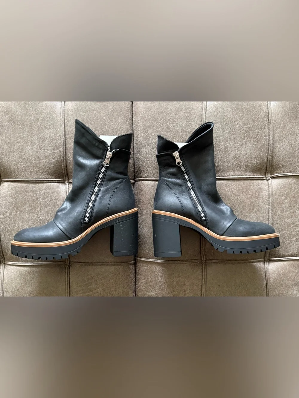 Free People Black Leather Zip Platform Ankle Boots with Tan Trim